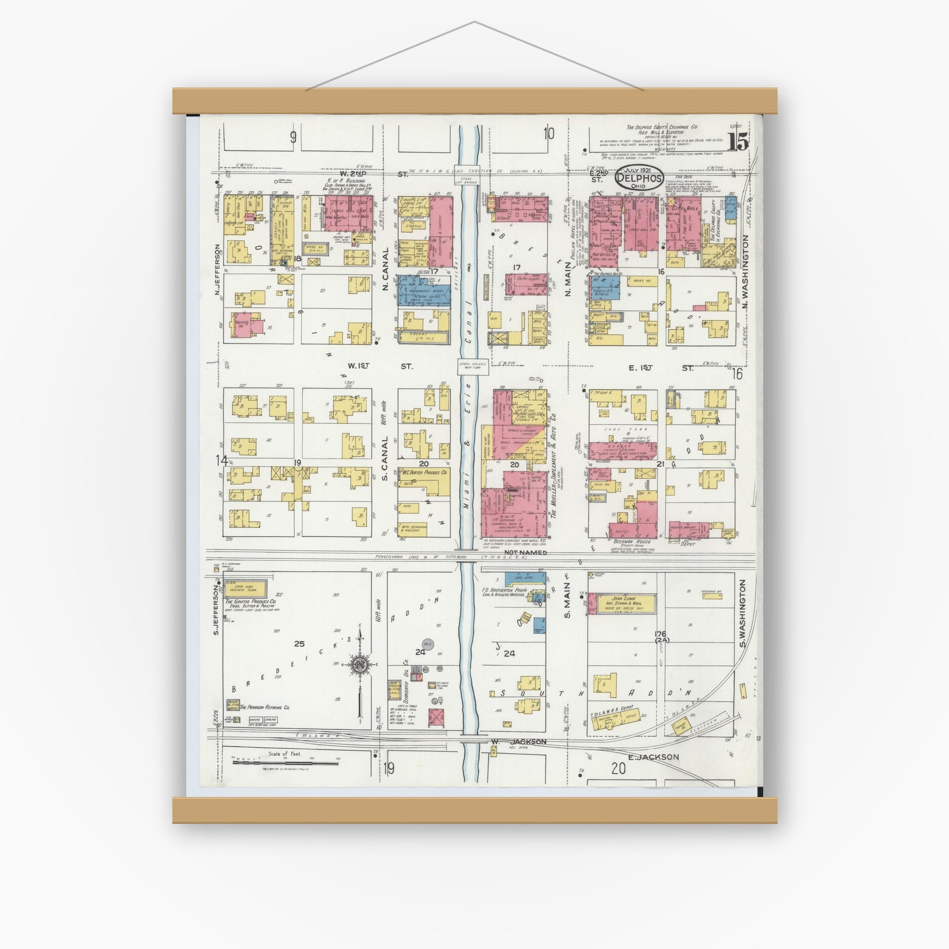 Old map wall art mockup — magnetic wood frame on white wall — Sanborn Fire Insurance Map from Delphos, Van Wert And Allen Counties, Ohio (1921), Sheet #0015