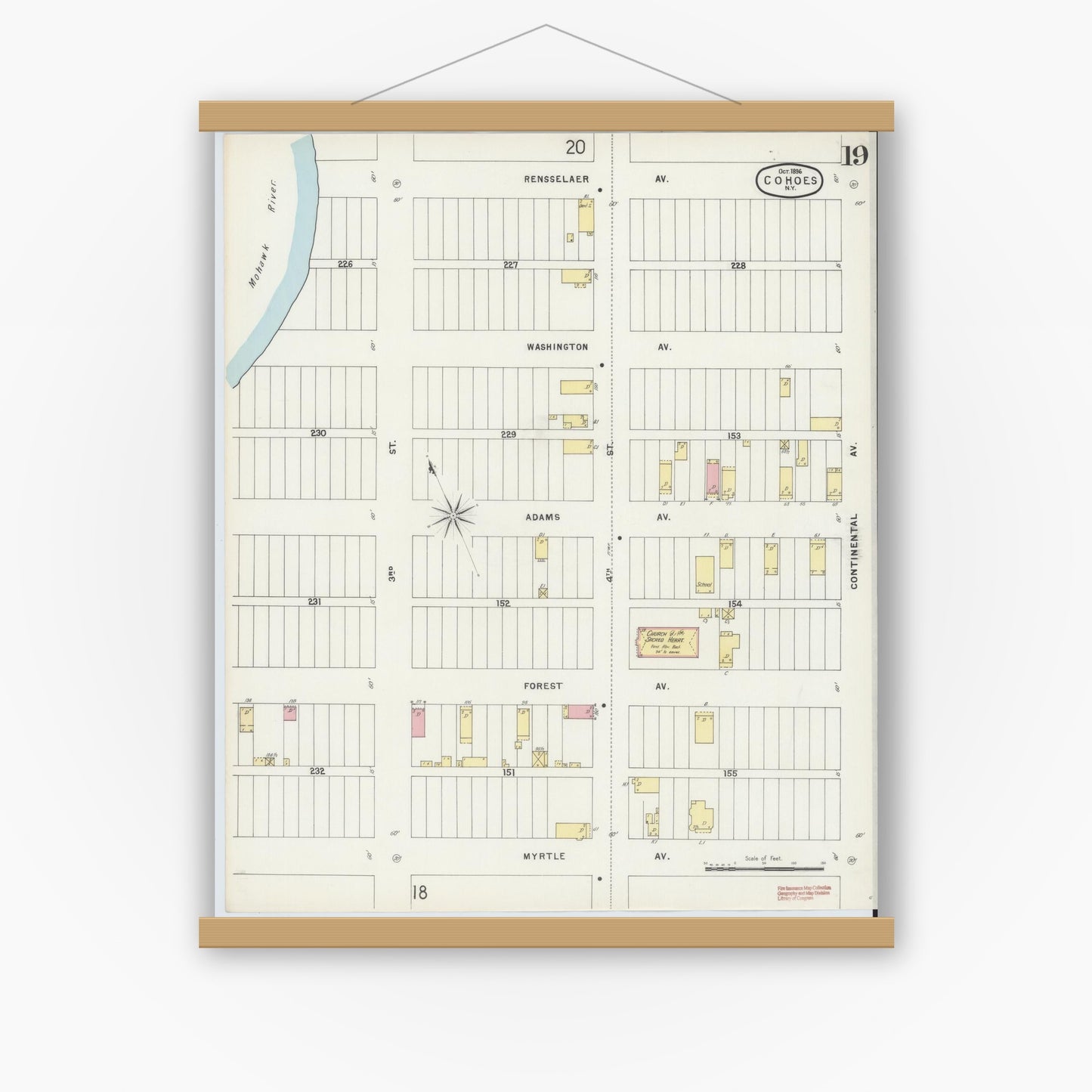 Old map wall art mockup — magnetic wood frame on white wall — Sanborn Fire Insurance Map from Cohoes, Albany County, New York (1896), Sheet #0019