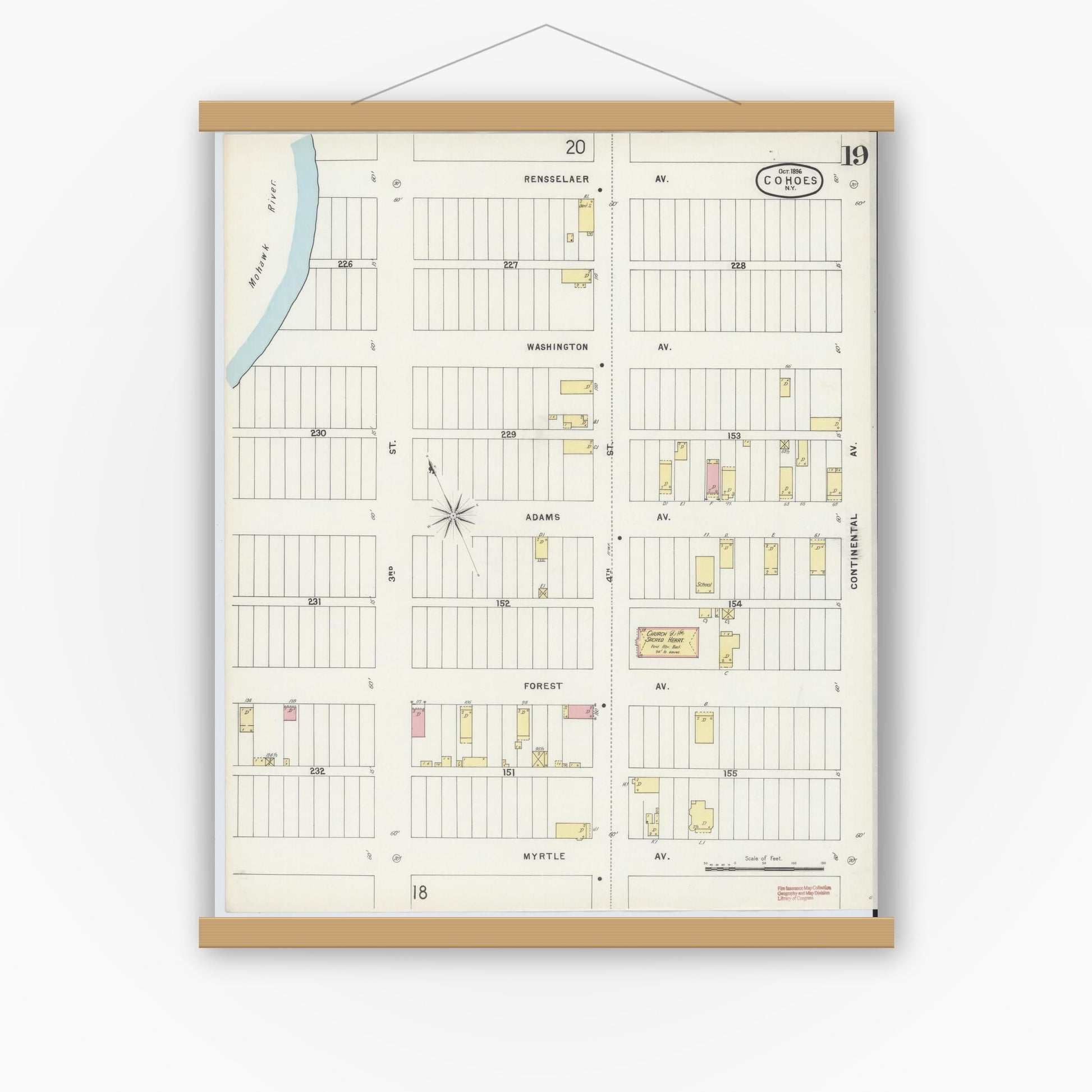 Old map wall art mockup — magnetic wood frame on white wall — Sanborn Fire Insurance Map from Cohoes, Albany County, New York (1896), Sheet #0019