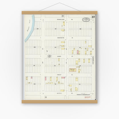 Old map wall art mockup — magnetic wood frame on white wall — Sanborn Fire Insurance Map from Cohoes, Albany County, New York (1896), Sheet #0019
