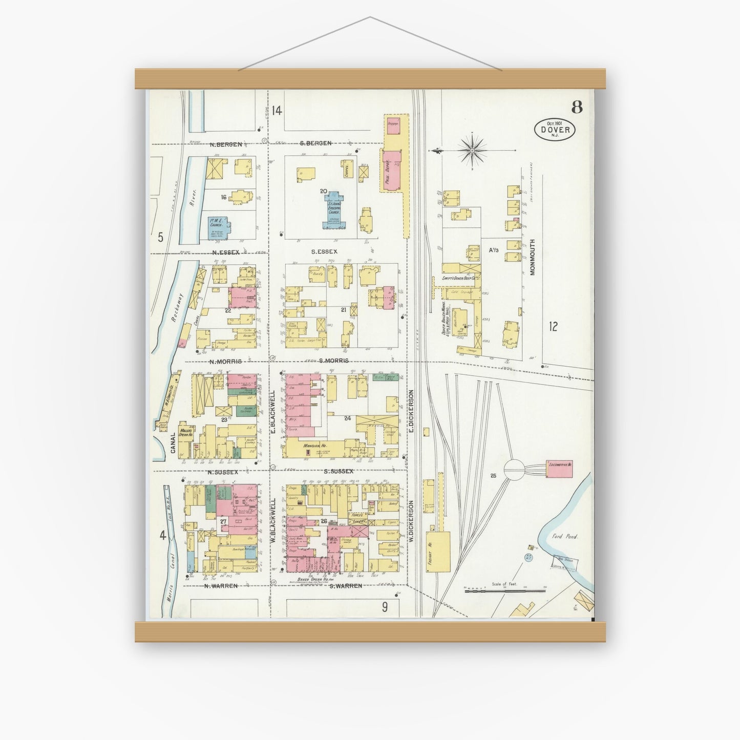 Old map wall art mockup — magnetic wood frame on white wall — Sanborn Fire Insurance Map from Dover, Morris County, New Jersey (1900), Sheet #0008