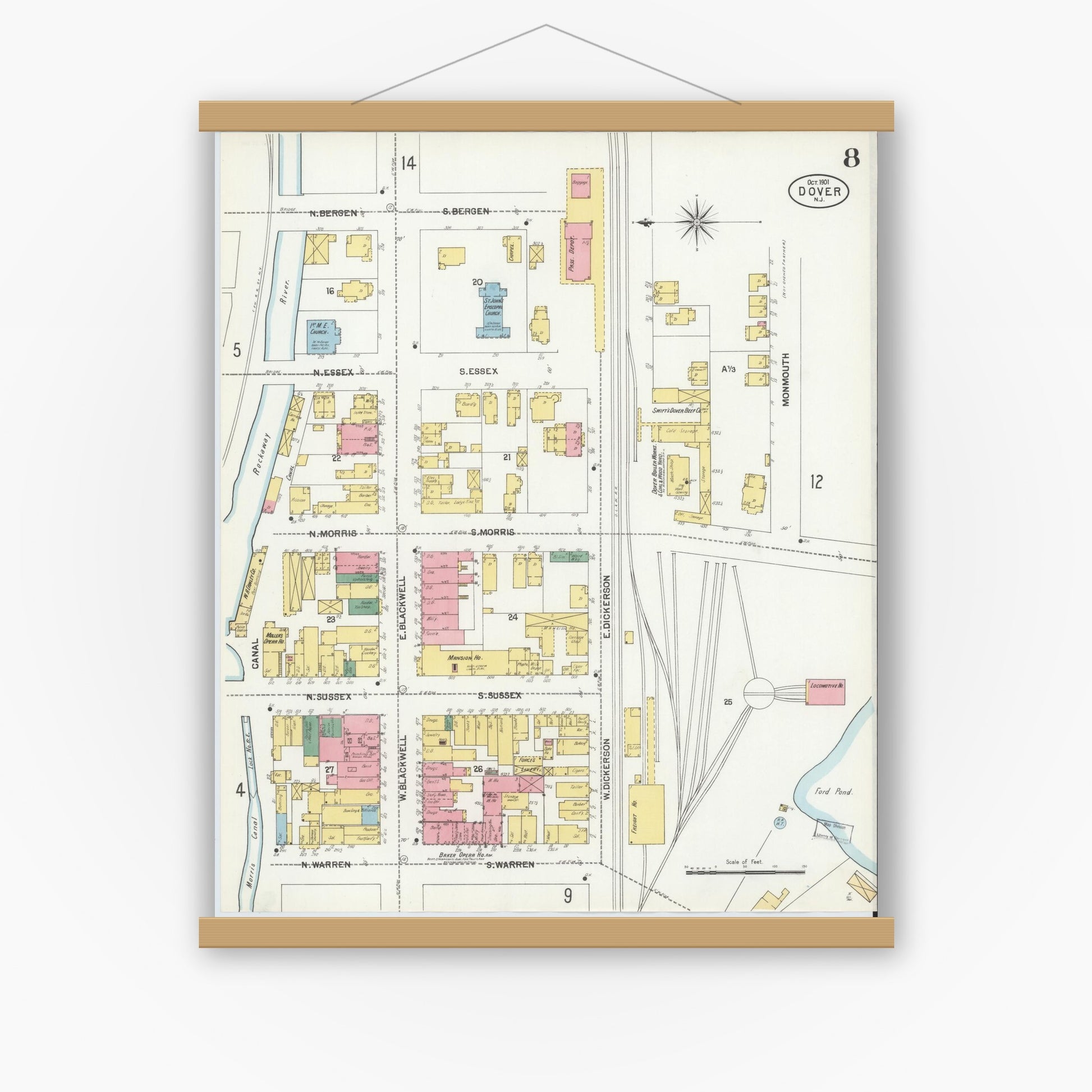 Old map wall art mockup — magnetic wood frame on white wall — Sanborn Fire Insurance Map from Dover, Morris County, New Jersey (1900), Sheet #0008
