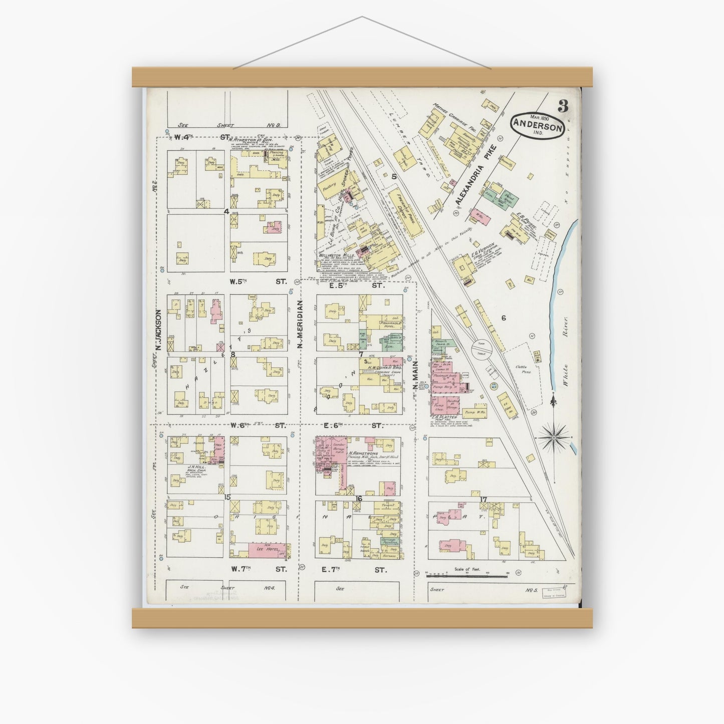 Old map wall art mockup — magnetic wood frame on white wall — Sanborn Fire Insurance Map from Anderson, Madison County, Indiana (1890), Sheet #0003