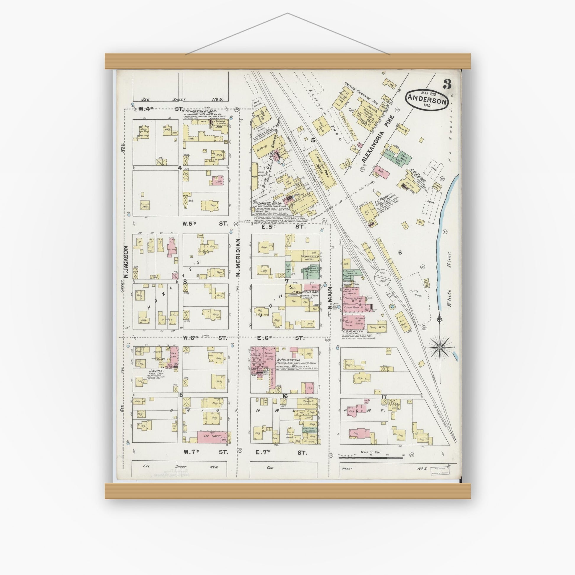 Old map wall art mockup — magnetic wood frame on white wall — Sanborn Fire Insurance Map from Anderson, Madison County, Indiana (1890), Sheet #0003