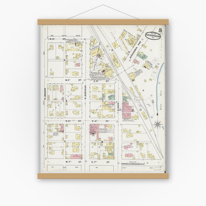 Old map wall art mockup — magnetic wood frame on white wall — Sanborn Fire Insurance Map from Anderson, Madison County, Indiana (1890), Sheet #0003