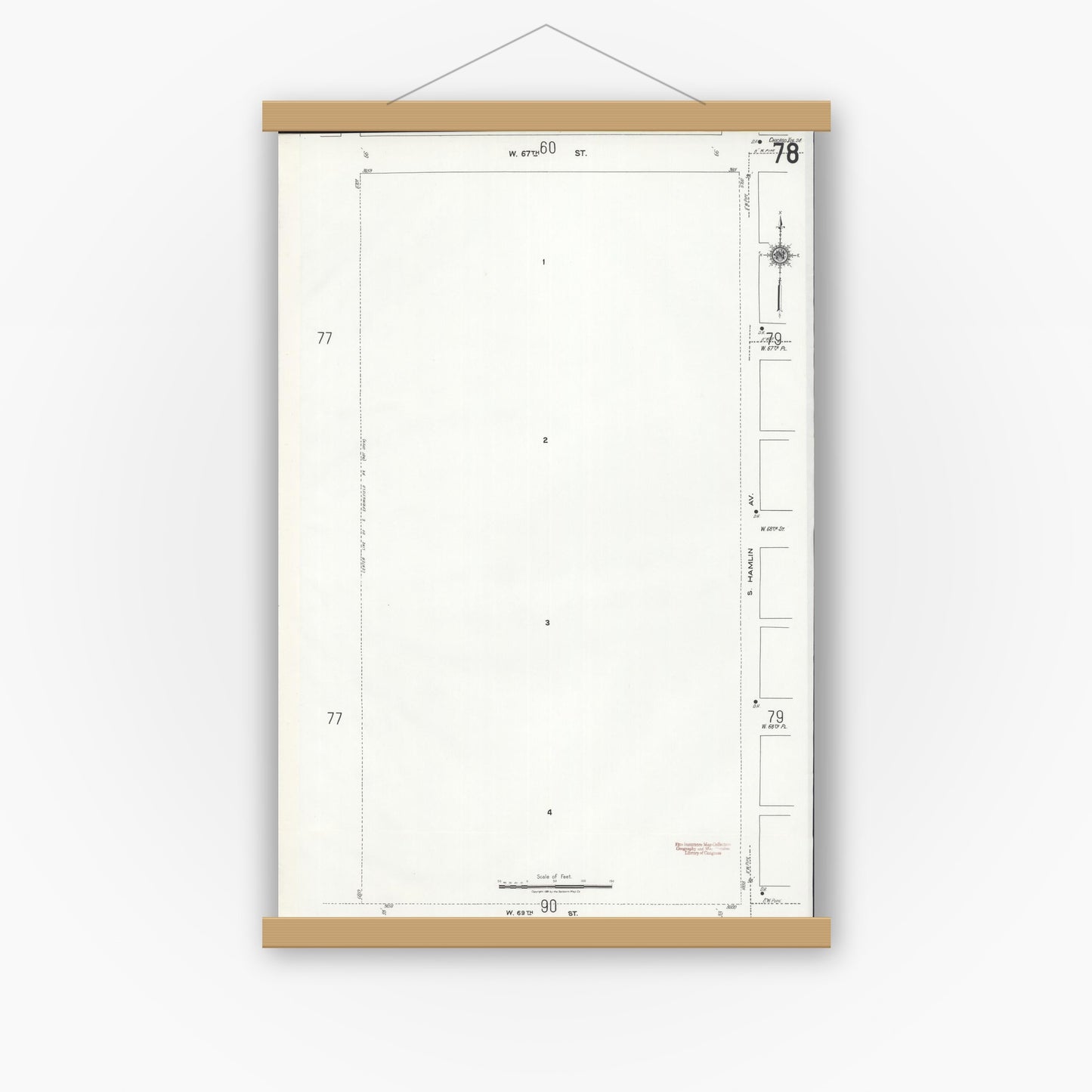 Old map wall art mockup — magnetic wood frame on white wall — Sanborn Fire Insurance Map from Chicago, Cook County, Illinois (1920), Sheet #0078