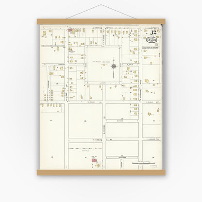 Old map wall art mockup — magnetic wood frame on white wall — Sanborn Fire Insurance Map from De Land, Volusia County, Florida (1921), Sheet #0012