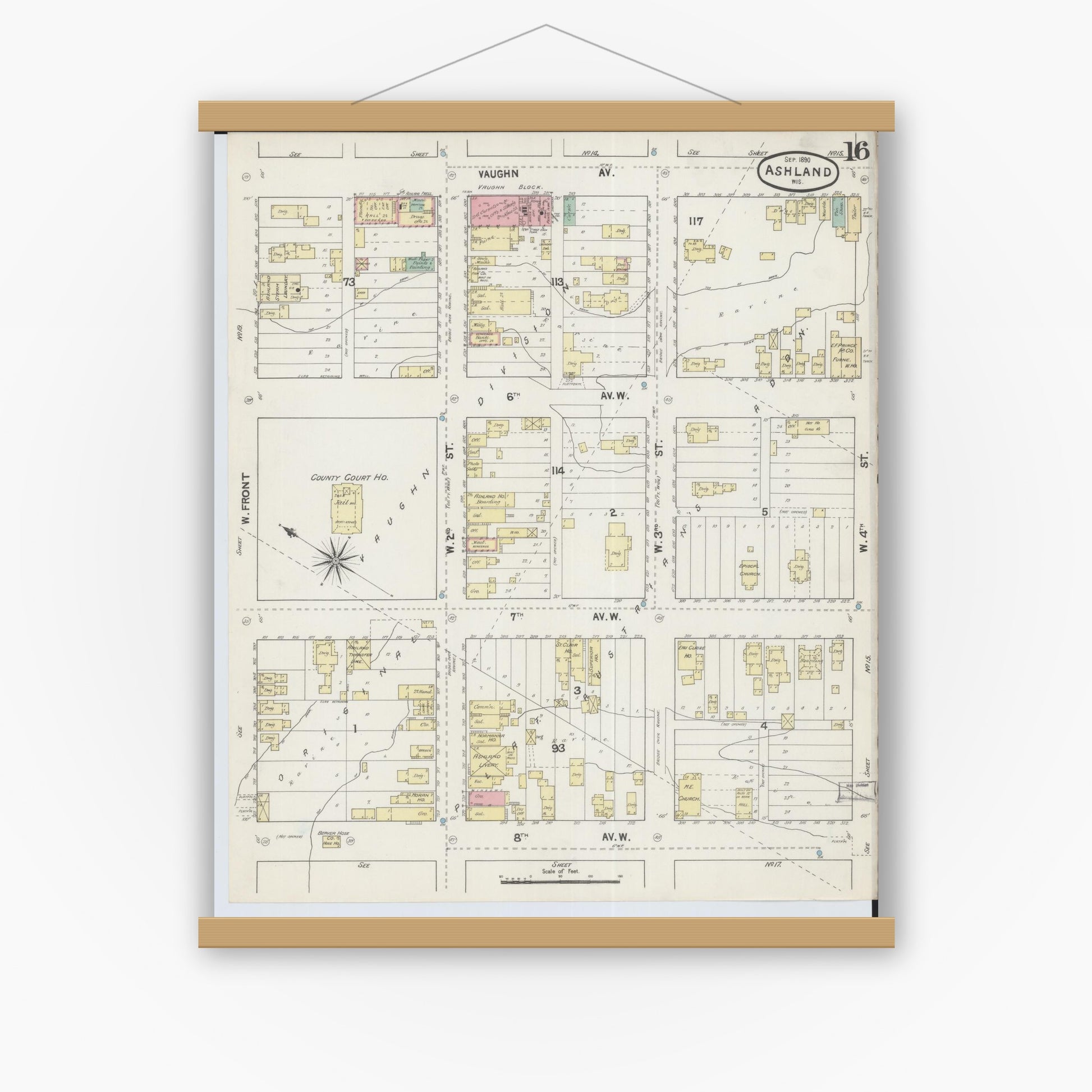 Old map wall art mockup — magnetic wood frame on white wall — Sanborn Fire Insurance Map from Ashland, Ashland County, Wisconsin (1890), Sheet #0016