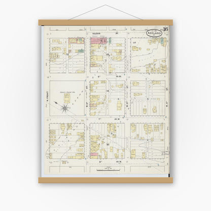 Old map wall art mockup — magnetic wood frame on white wall — Sanborn Fire Insurance Map from Ashland, Ashland County, Wisconsin (1890), Sheet #0016