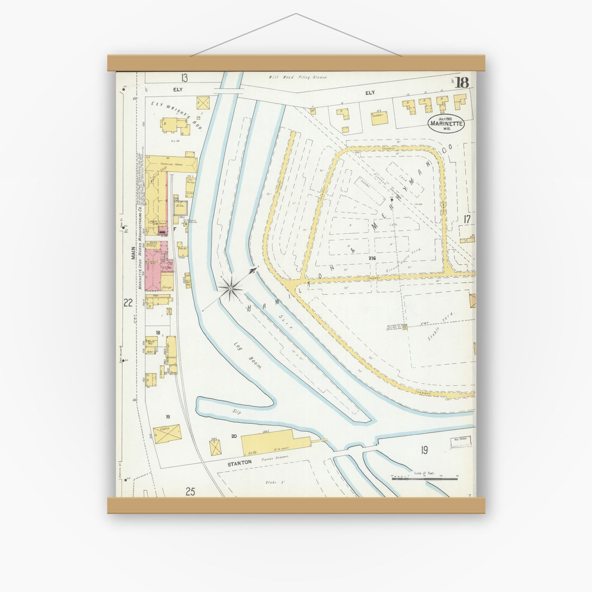 Old map wall art mockup — magnetic wood frame on white wall — Sanborn Fire Insurance Map from Marinette, Marinette County, Wisconsin (1901), Sheet #0018