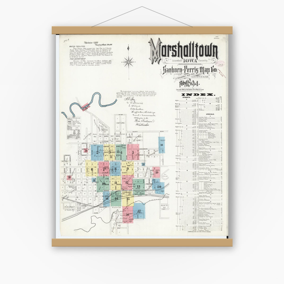 Old map wall art mockup — magnetic wood frame on white wall — Sanborn Fire Insurance Map from Marshalltown, Marshall County, Iowa (1894), Sheet #0001