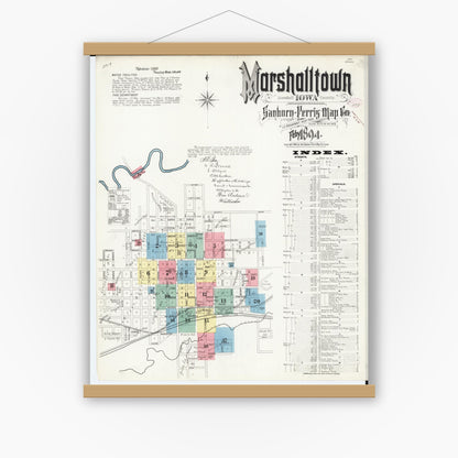 Old map wall art mockup — magnetic wood frame on white wall — Sanborn Fire Insurance Map from Marshalltown, Marshall County, Iowa (1894), Sheet #0001