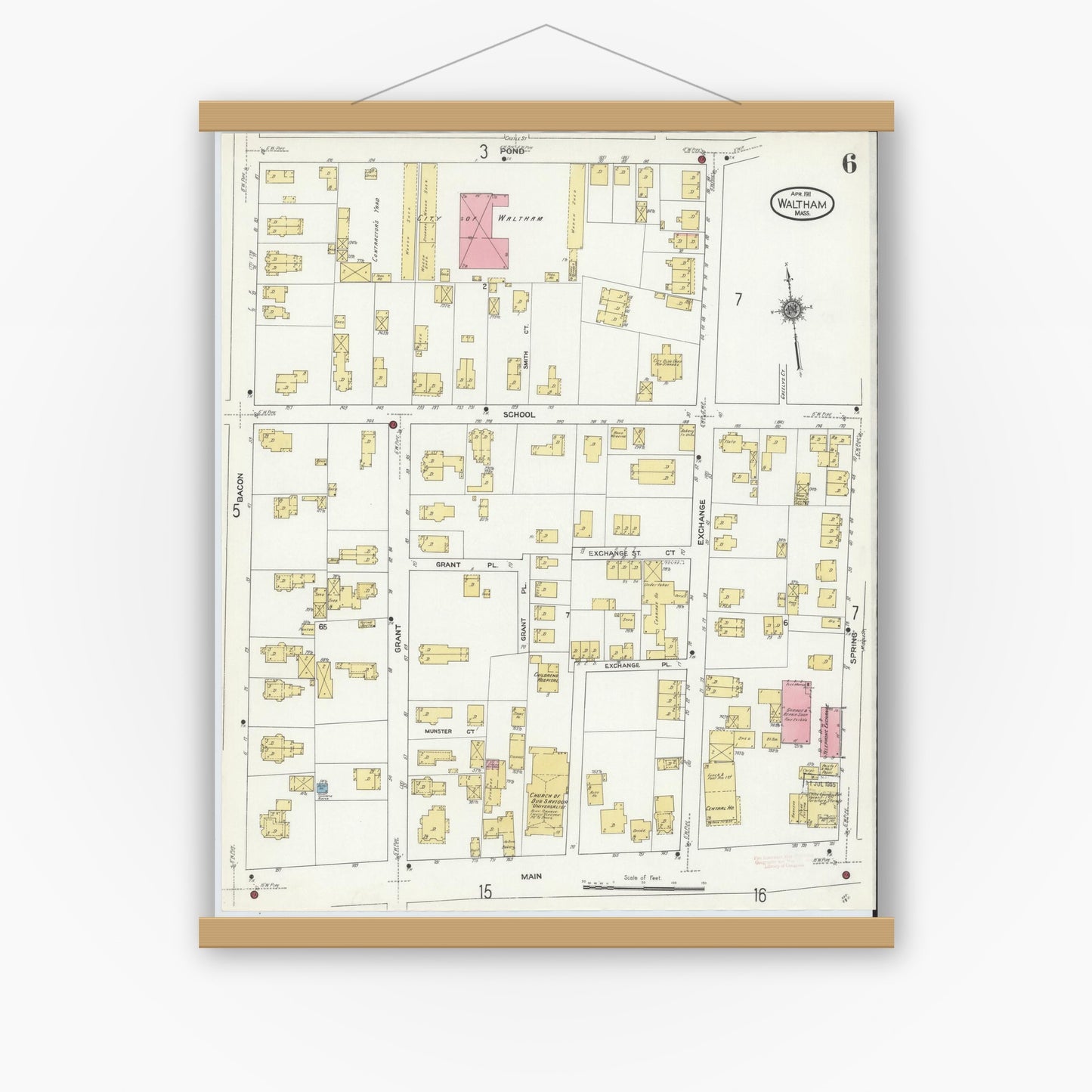 Old map wall art mockup — magnetic wood frame on white wall — Sanborn Fire Insurance Map from Waltham, Middlesex County, Massachusetts (1911), Sheet #0006