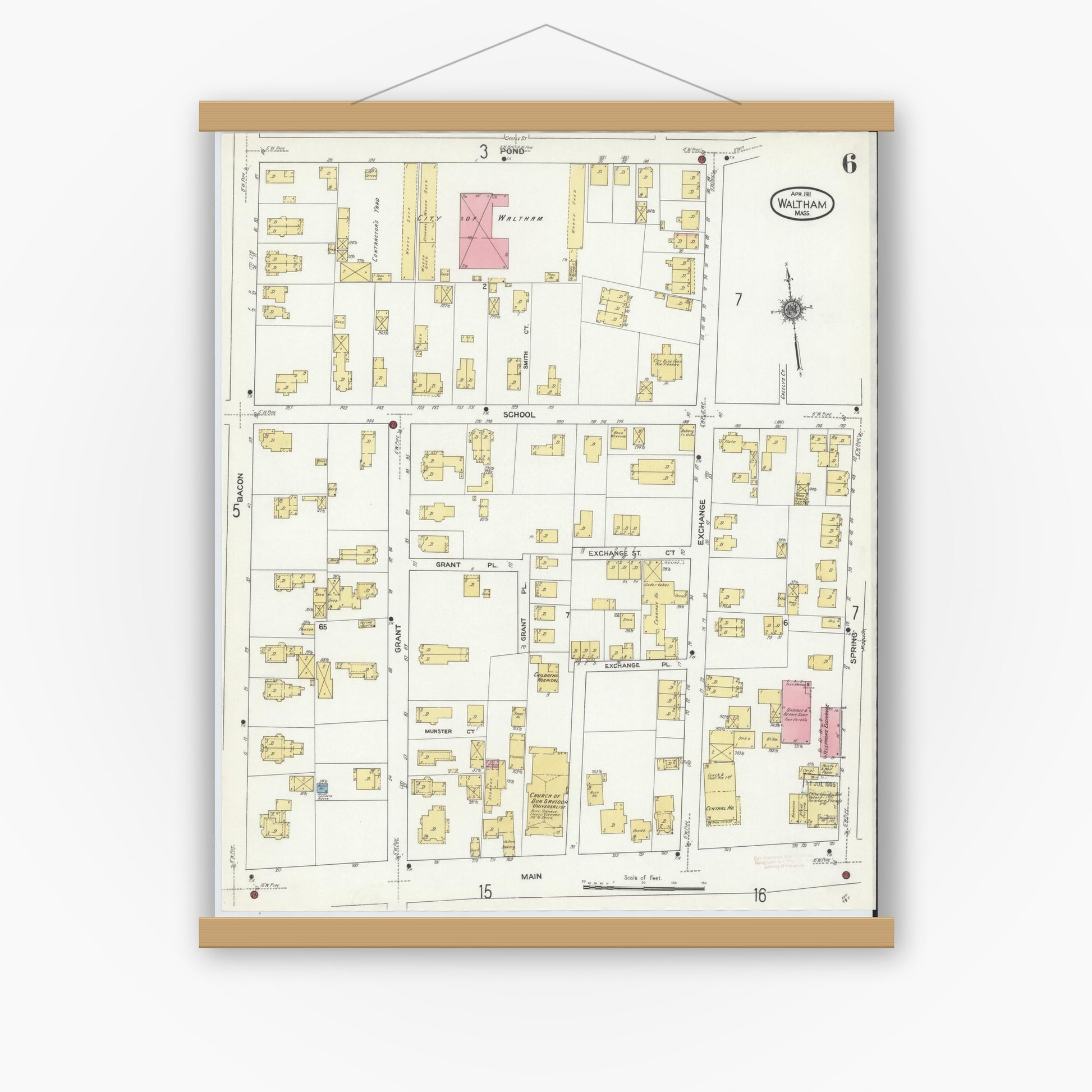 Old map wall art mockup — magnetic wood frame on white wall — Sanborn Fire Insurance Map from Waltham, Middlesex County, Massachusetts (1911), Sheet #0006
