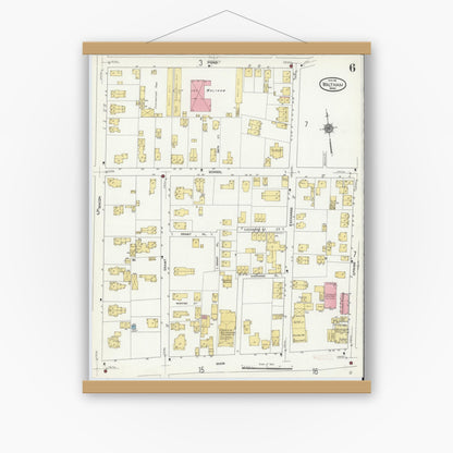 Old map wall art mockup — magnetic wood frame on white wall — Sanborn Fire Insurance Map from Waltham, Middlesex County, Massachusetts (1911), Sheet #0006