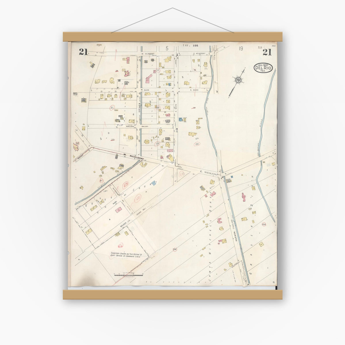 Old map wall art mockup — magnetic wood frame on white wall — Sanborn Fire Insurance Map from Del Rio, Val Verde County, Texas (1948), Sheet #0021