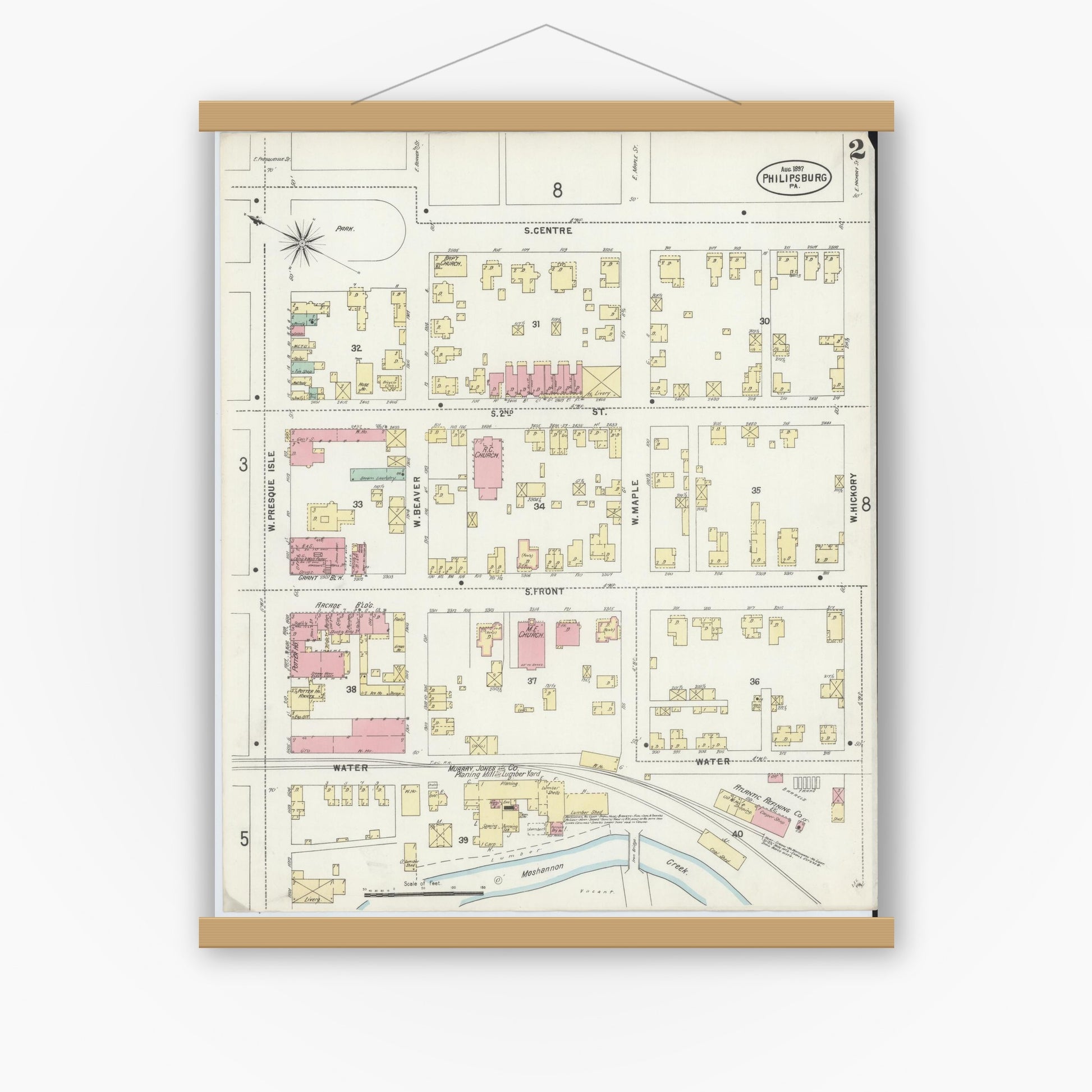Old map wall art mockup — magnetic wood frame on white wall — Sanborn Fire Insurance Map from Philipsburg, Centre County, Pennsylvania (1897), Sheet #0002