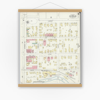 Old map wall art mockup — magnetic wood frame on white wall — Sanborn Fire Insurance Map from Philipsburg, Centre County, Pennsylvania (1897), Sheet #0002