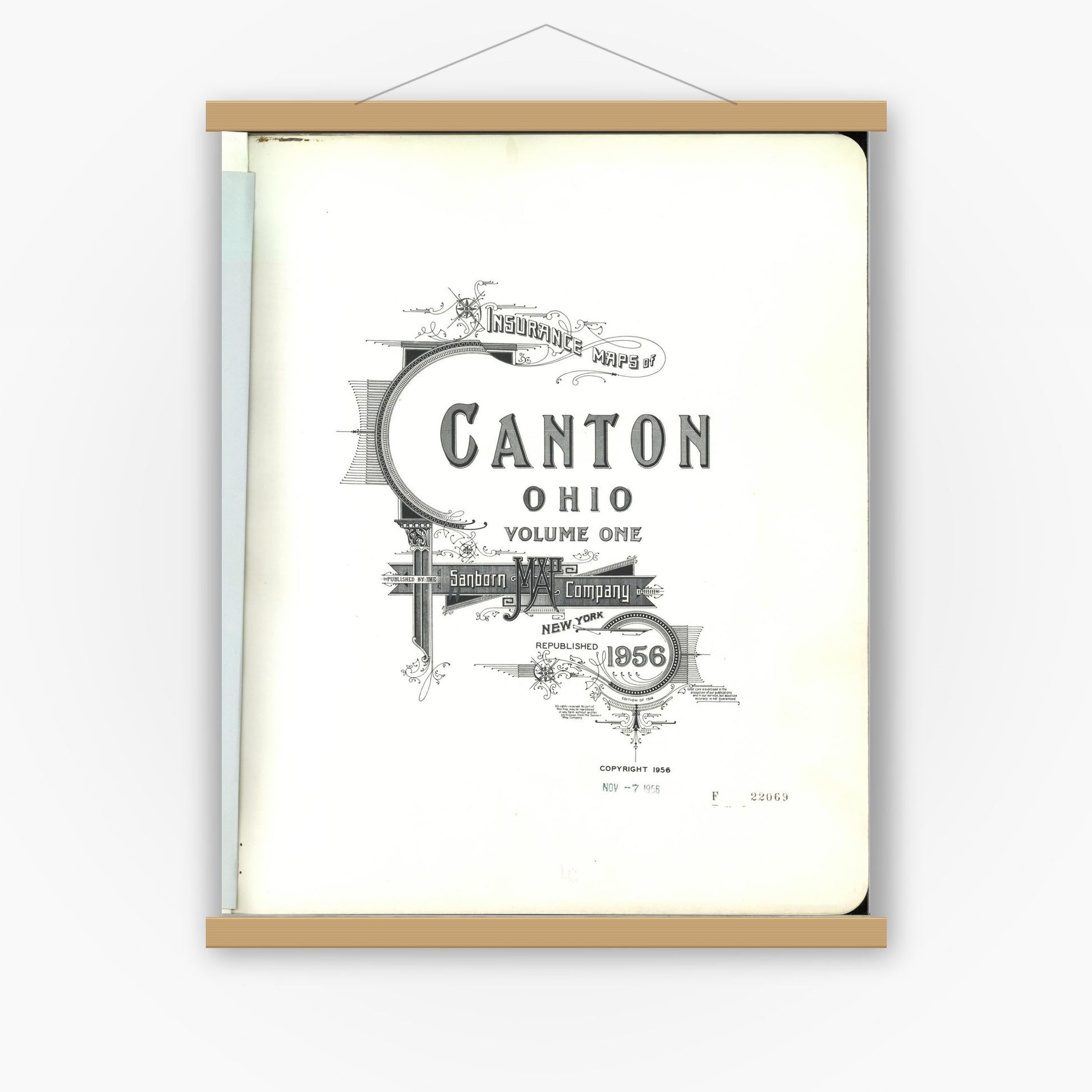 Old map wall art mockup — magnetic wood frame on white wall — Sanborn Fire Insurance Map from Canton, Stark County, Ohio (1956), Sheet #0001