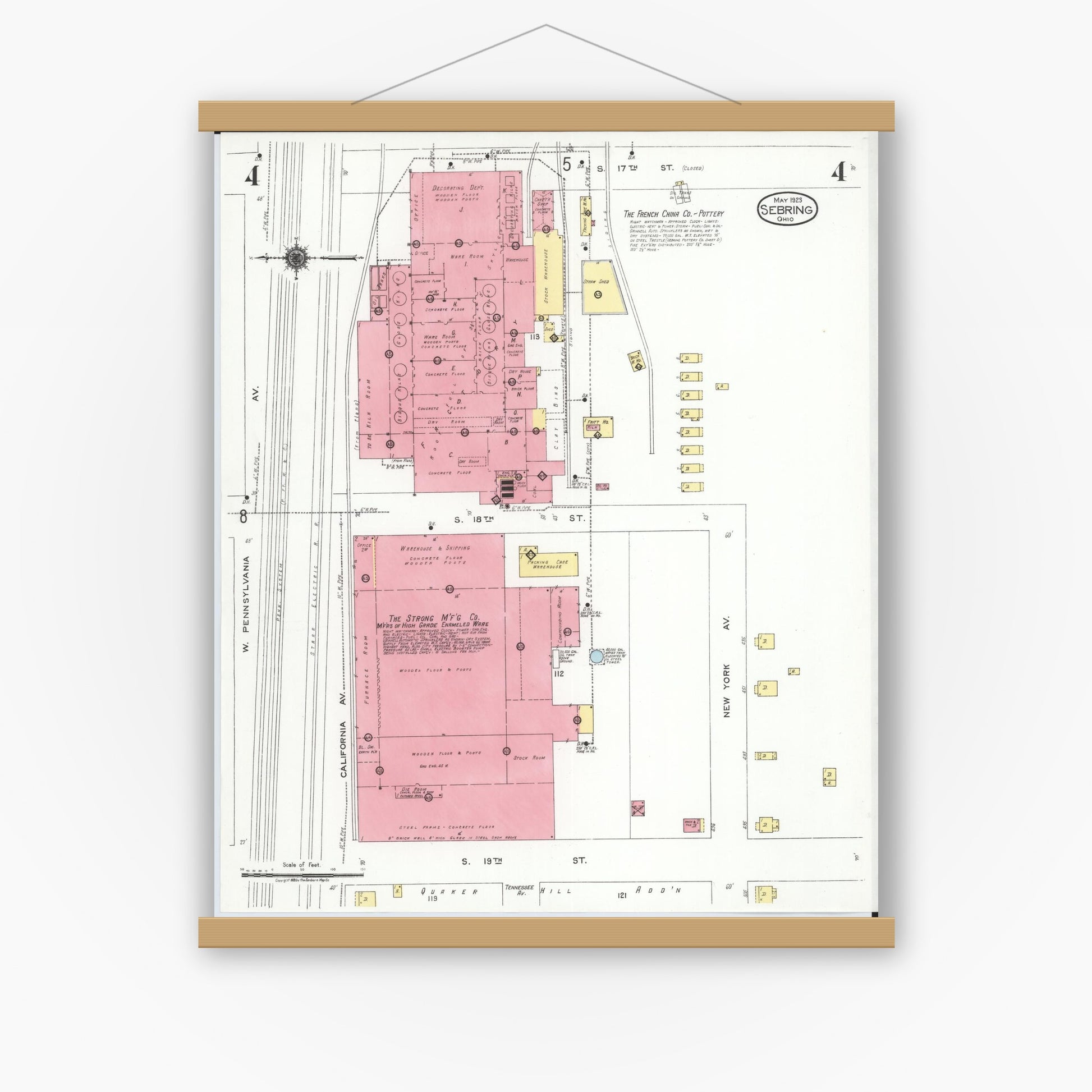 Old map wall art mockup — magnetic wood frame on white wall — Sanborn Fire Insurance Map from Sebring, Mahoning County, Ohio (1923), Sheet #0004
