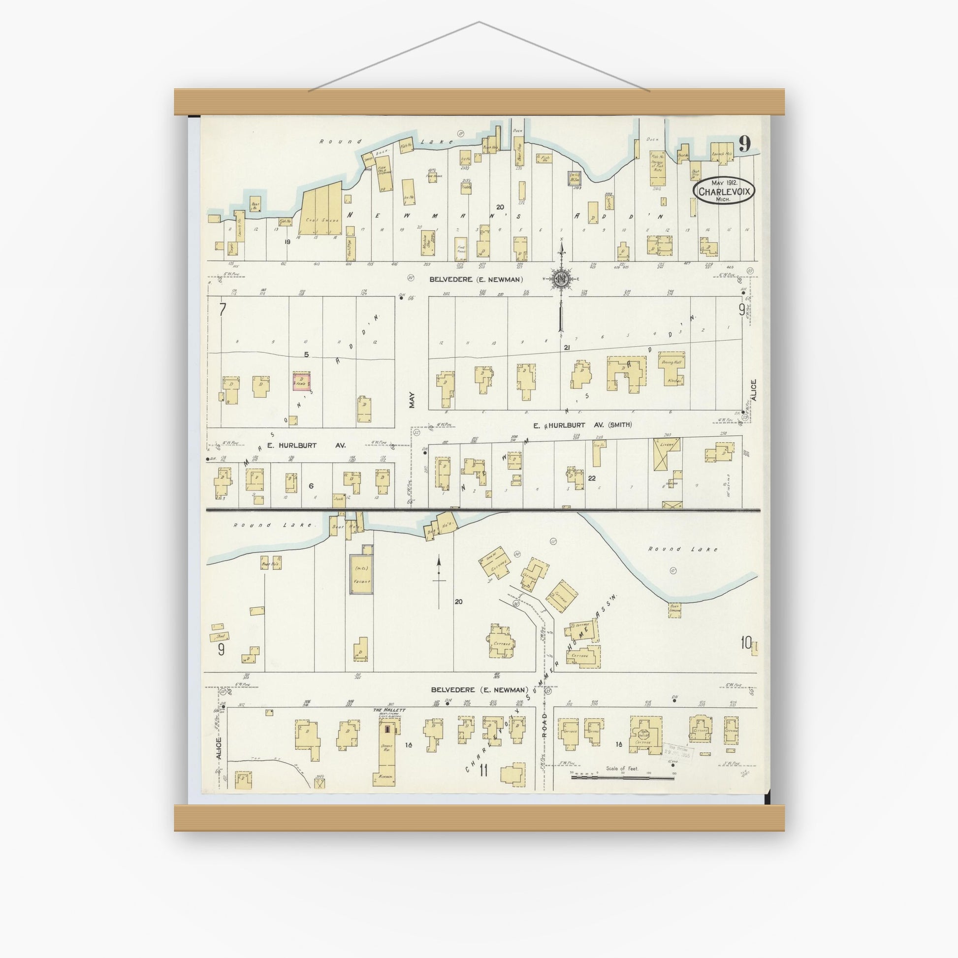 Old map wall art mockup — magnetic wood frame on white wall — Sanborn Fire Insurance Map from Charlevoix, Charlevoix County, Michigan (1912), Sheet #0009