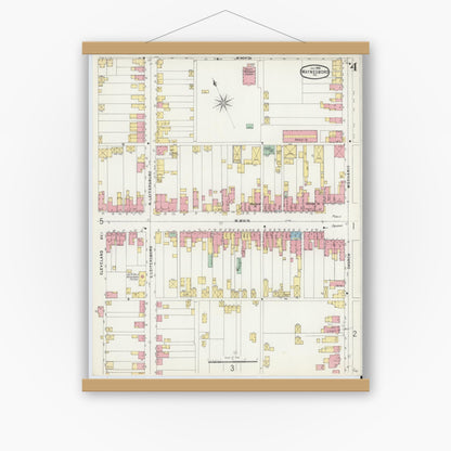 Old map wall art mockup — magnetic wood frame on white wall — Sanborn Fire Insurance Map from Waynesboro, Franklin County, Pennsylvania (1896), Sheet #0004