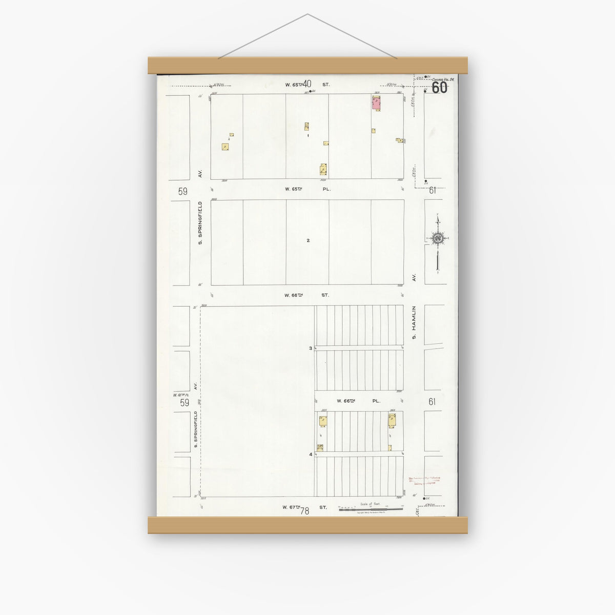 Old map wall art mockup — magnetic wood frame on white wall — Sanborn Fire Insurance Map from Chicago, Cook County, Illinois (1920), Sheet #0060