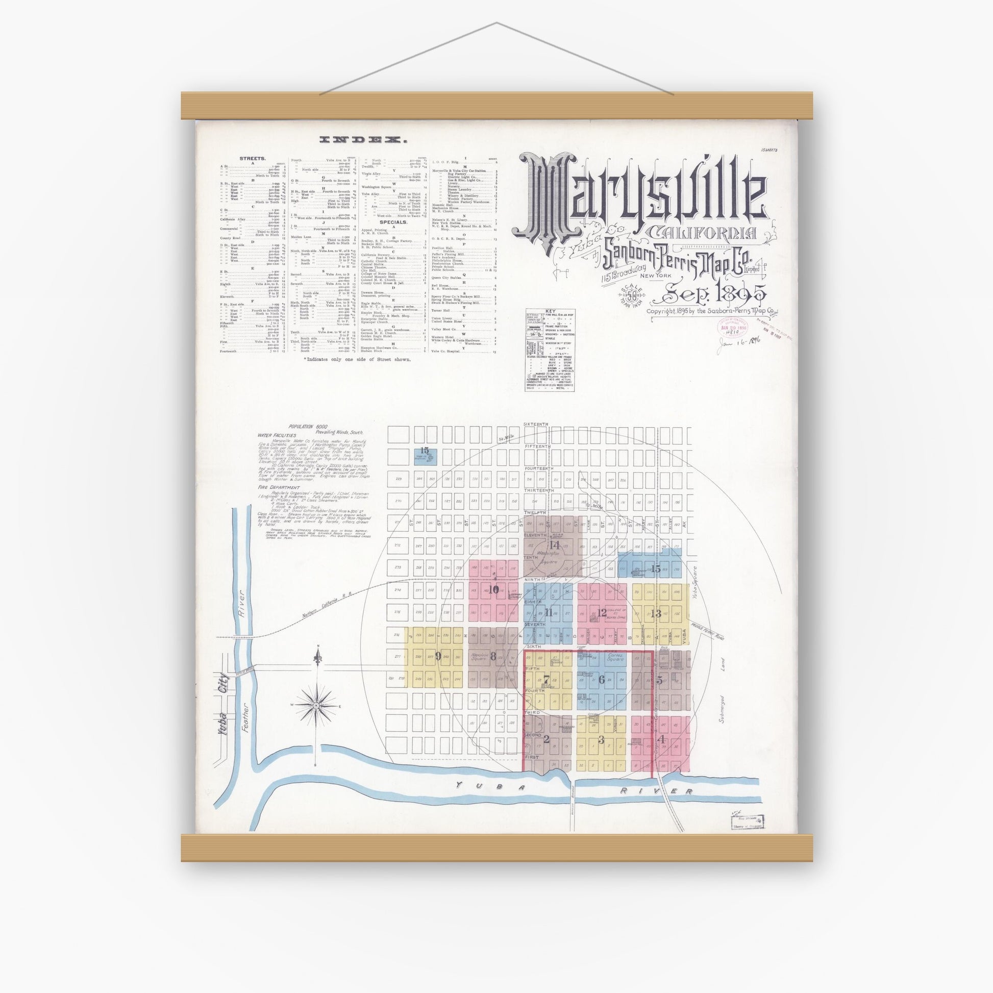 Old map wall art mockup — magnetic wood frame on white wall — Sanborn Fire Insurance Map from Marysville, Yuba County, California (1895), Sheet #0001