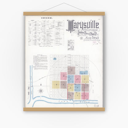 Old map wall art mockup — magnetic wood frame on white wall — Sanborn Fire Insurance Map from Marysville, Yuba County, California (1895), Sheet #0001