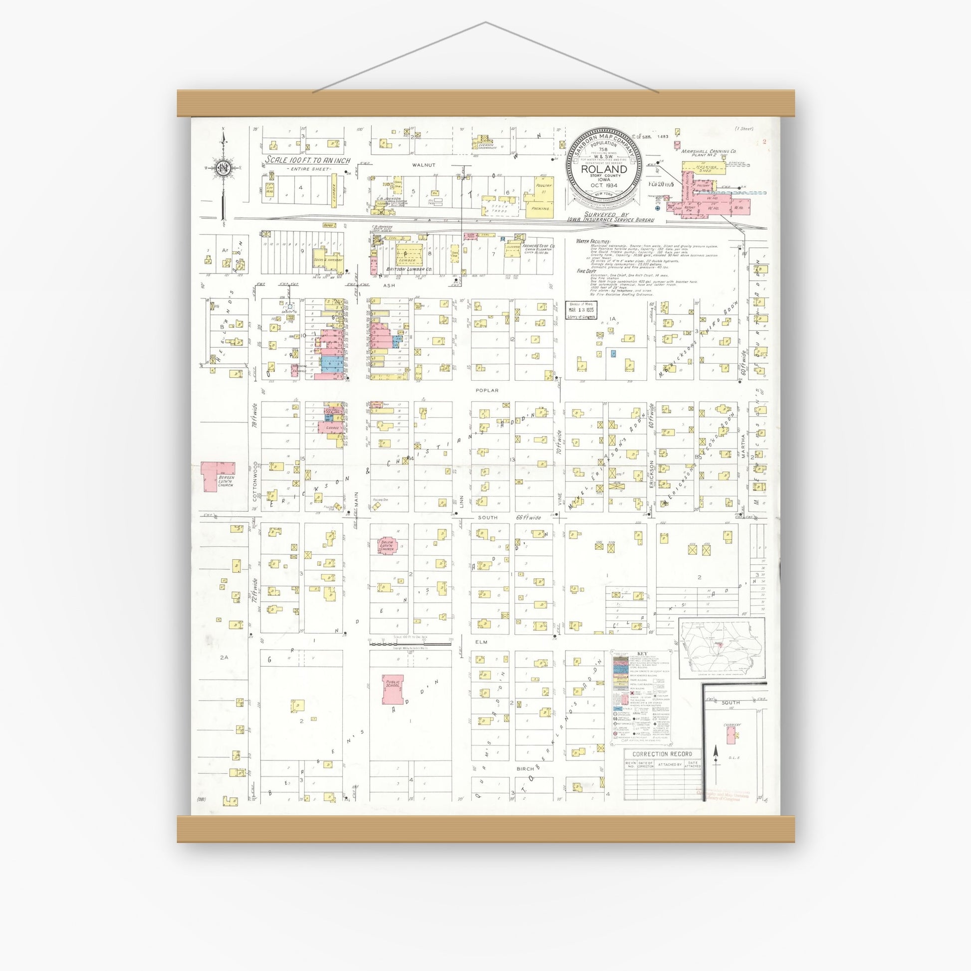 Old map wall art mockup — magnetic wood frame on white wall — Sanborn Fire Insurance Map from Roland, Story County, Iowa (1934), Sheet #0001