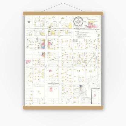 Old map wall art mockup — magnetic wood frame on white wall — Sanborn Fire Insurance Map from Roland, Story County, Iowa (1934), Sheet #0001