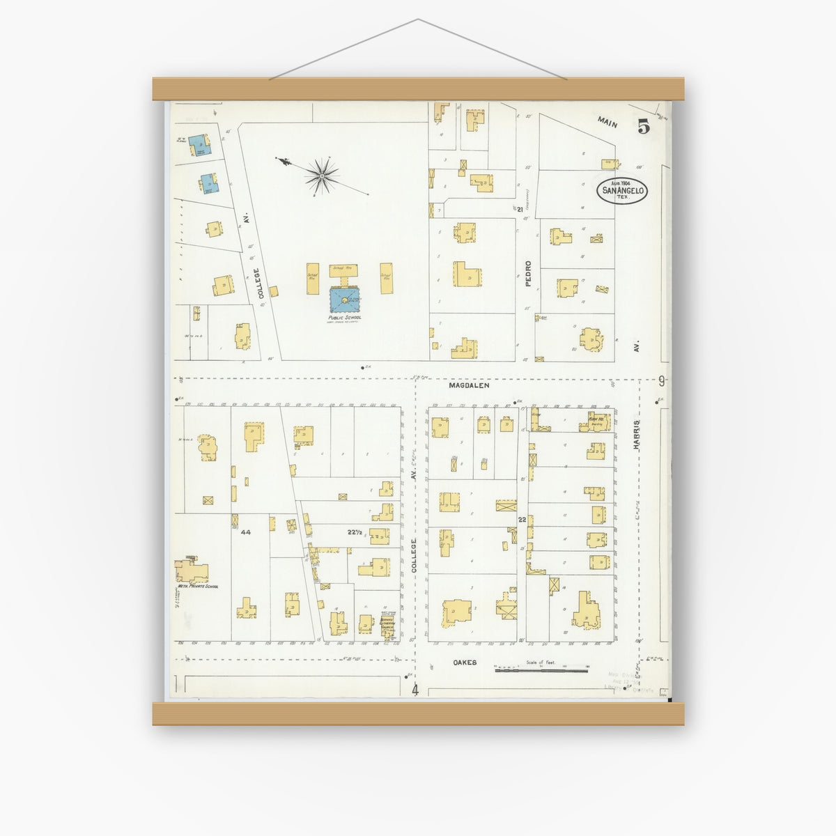 Old map wall art mockup — magnetic wood frame on white wall — Sanborn Fire Insurance Map from San Angelo, Tom Green County, Texas (1904), Sheet #0005