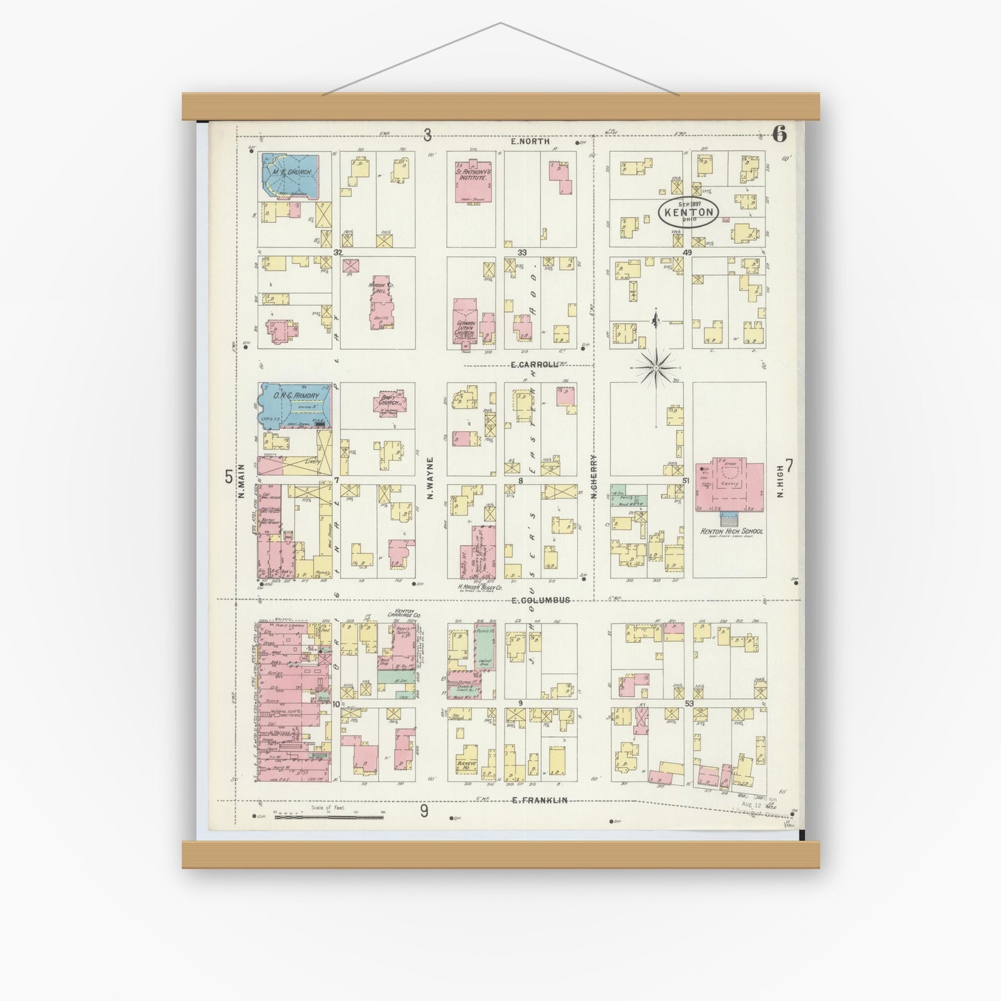 Old map wall art mockup — magnetic wood frame on white wall — Sanborn Fire Insurance Map from Kenton, Hardin County, Ohio (1897), Sheet #0006
