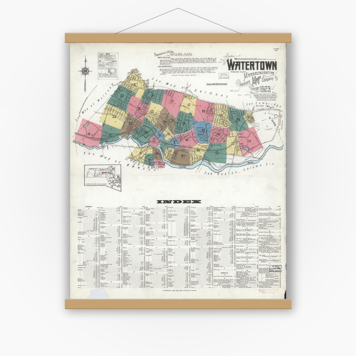 Old map wall art mockup — magnetic wood frame on white wall — Sanborn Fire Insurance Map from Watertown, Middlesex County, Massachusetts (1923) - Complete Map Set