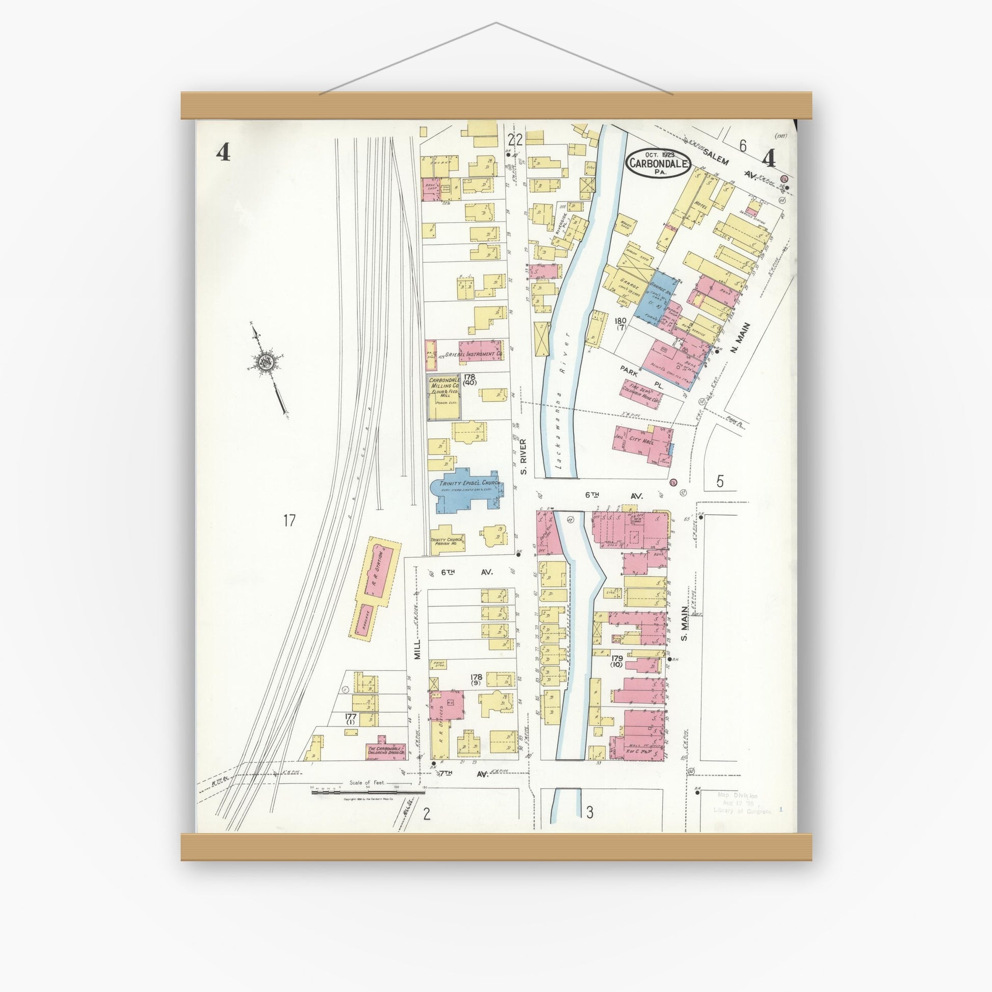 Old map wall art mockup — magnetic wood frame on white wall — Sanborn Fire Insurance Map from Carbondale, Lackawanna County, Pennsylvania (1923), Sheet #0004