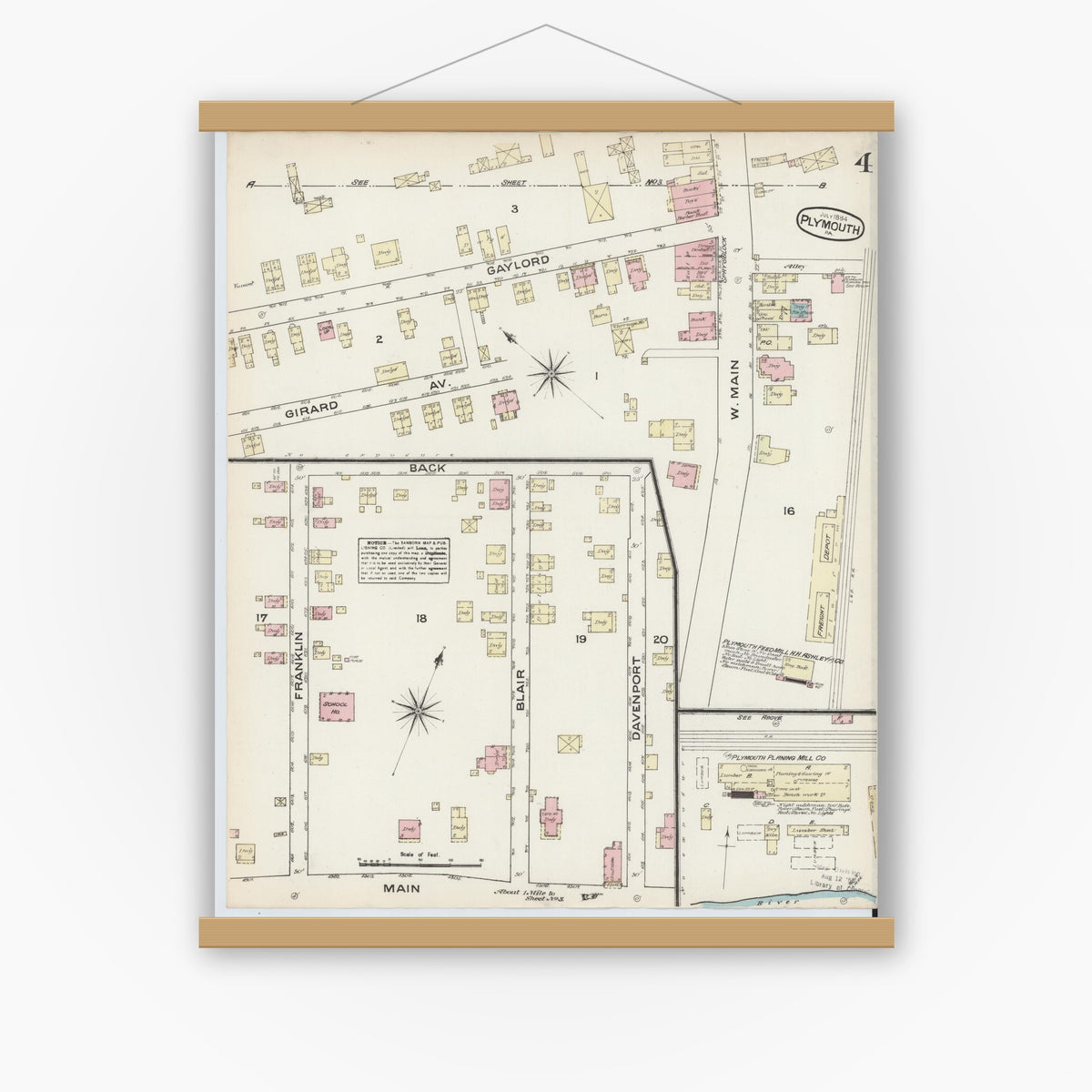 Old map wall art mockup — magnetic wood frame on white wall — Sanborn Fire Insurance Map from Plymouth, Luzerne County, Pennsylvania (1884), Sheet #0004
