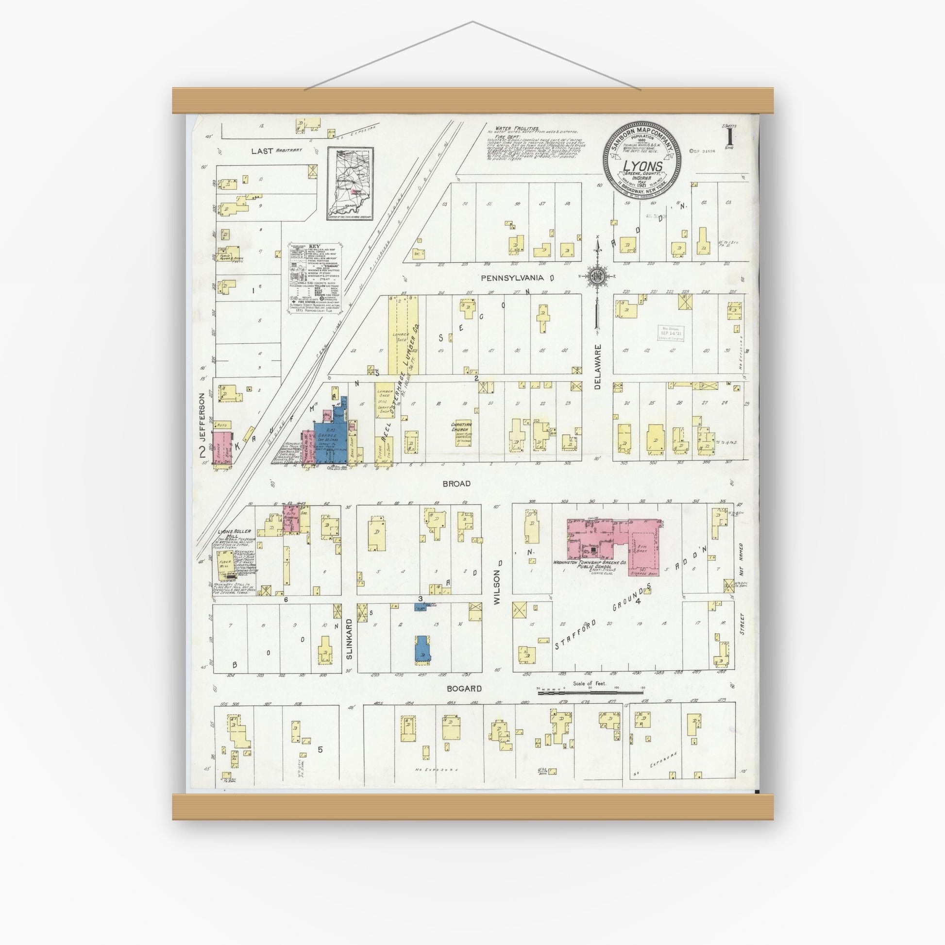 Old map wall art mockup — magnetic wood frame on white wall — Sanborn Fire Insurance Map from Lyons, Greene County, Indiana (1921) - Complete Map Set