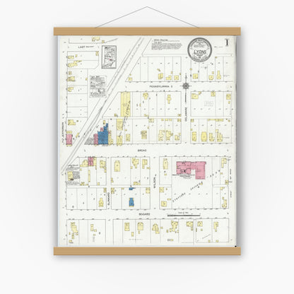 Old map wall art mockup — magnetic wood frame on white wall — Sanborn Fire Insurance Map from Lyons, Greene County, Indiana (1921) - Complete Map Set