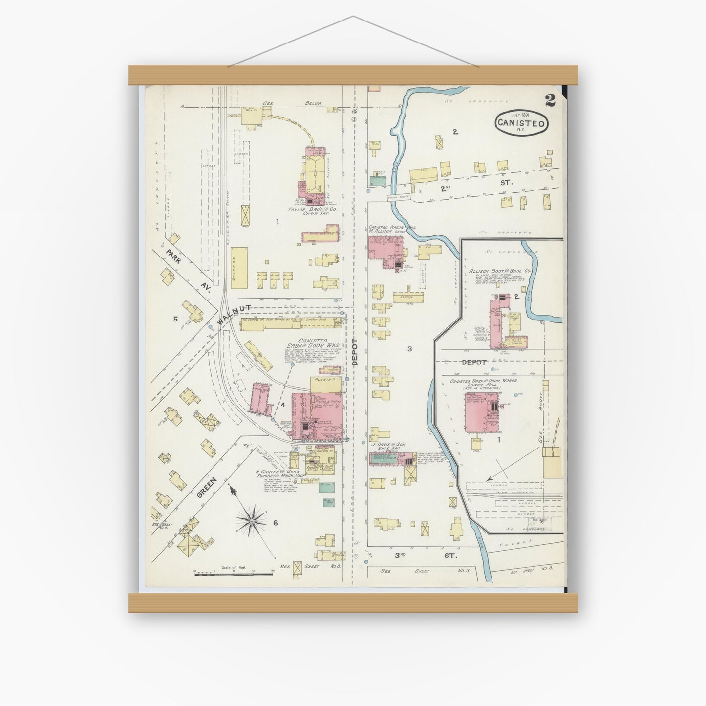 Old map wall art mockup — magnetic wood frame on white wall — Sanborn Fire Insurance Map from Canisteo, Steuben County, New York (1891), Sheet #0002