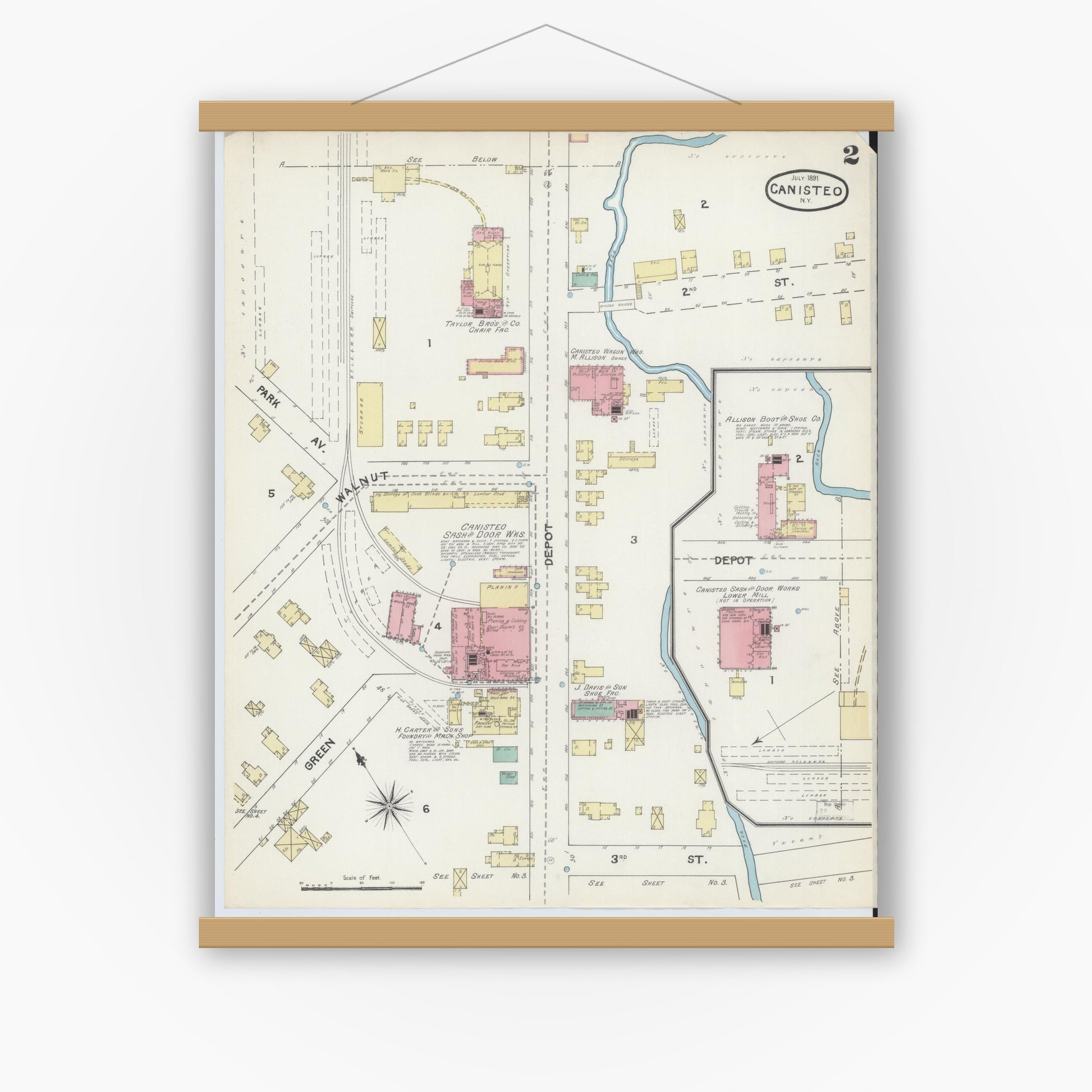 Old map wall art mockup — magnetic wood frame on white wall — Sanborn Fire Insurance Map from Canisteo, Steuben County, New York (1891), Sheet #0002