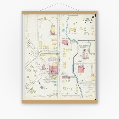 Old map wall art mockup — magnetic wood frame on white wall — Sanborn Fire Insurance Map from Canisteo, Steuben County, New York (1891), Sheet #0002