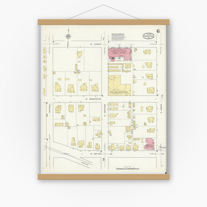 Old map wall art mockup — magnetic wood frame on white wall — Sanborn Fire Insurance Map from Kinston, Lenoir County, North Carolina (1914), Sheet #0006