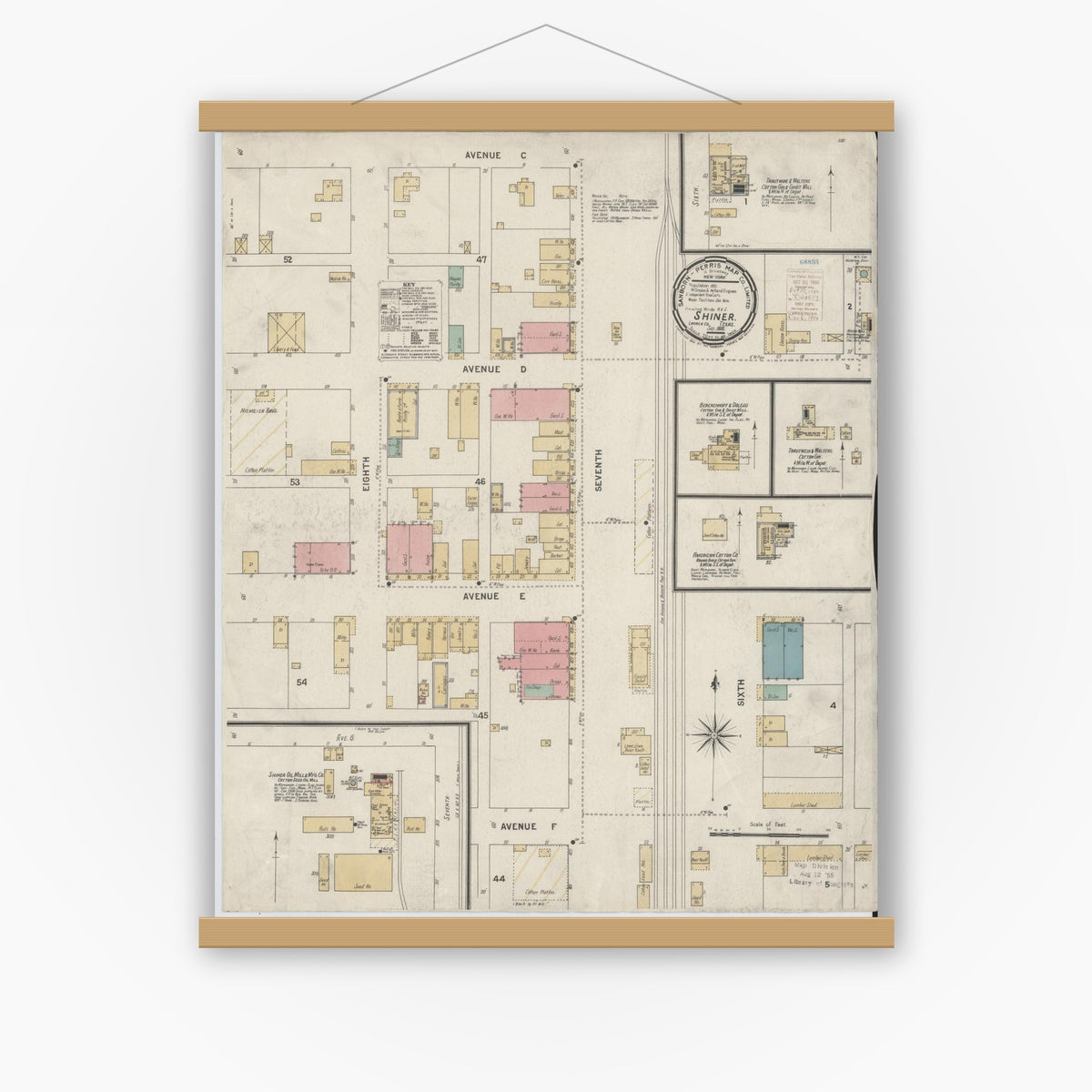 Old map wall art mockup — magnetic wood frame on white wall — Sanborn Fire Insurance Map from Shiner, Lavaca County, Texas (1900), Sheet #0001
