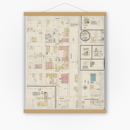 Old map wall art mockup — magnetic wood frame on white wall — Sanborn Fire Insurance Map from Shiner, Lavaca County, Texas (1900), Sheet #0001