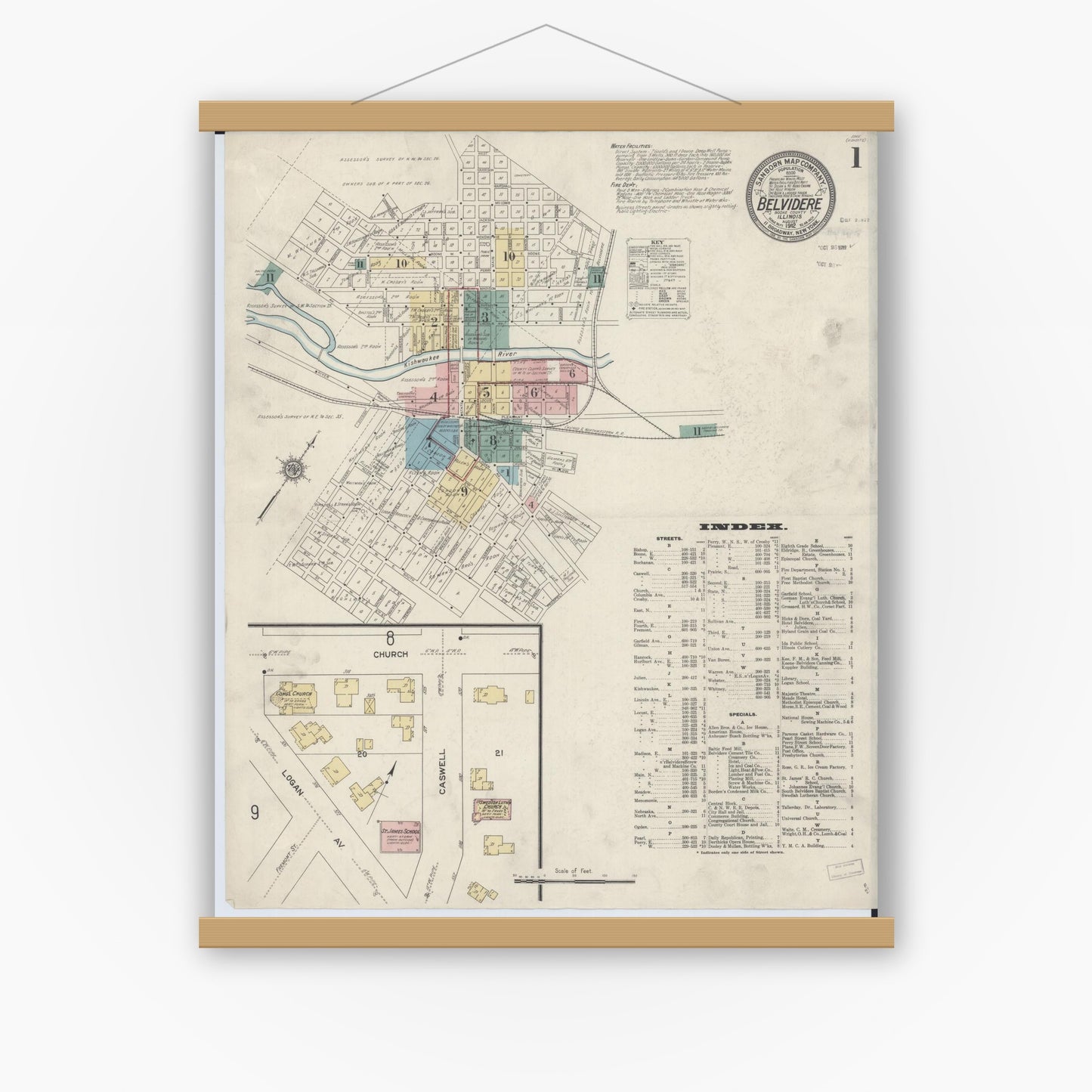 Old map wall art mockup — magnetic wood frame on white wall — Sanborn Fire Insurance Map from Belvidere, Boone County, Illinois (1912) - Complete Map Set