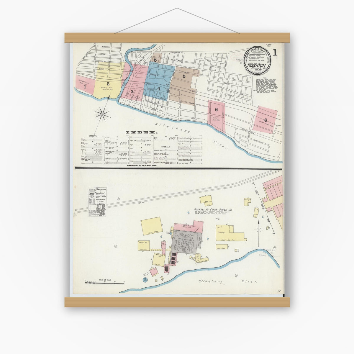 Old map wall art mockup — magnetic wood frame on white wall — Sanborn Fire Insurance Map from Tarentum, Allegheny County, Pennsylvania (1891) - Complete Map Set