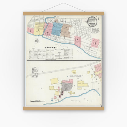 Old map wall art mockup — magnetic wood frame on white wall — Sanborn Fire Insurance Map from Tarentum, Allegheny County, Pennsylvania (1891) - Complete Map Set