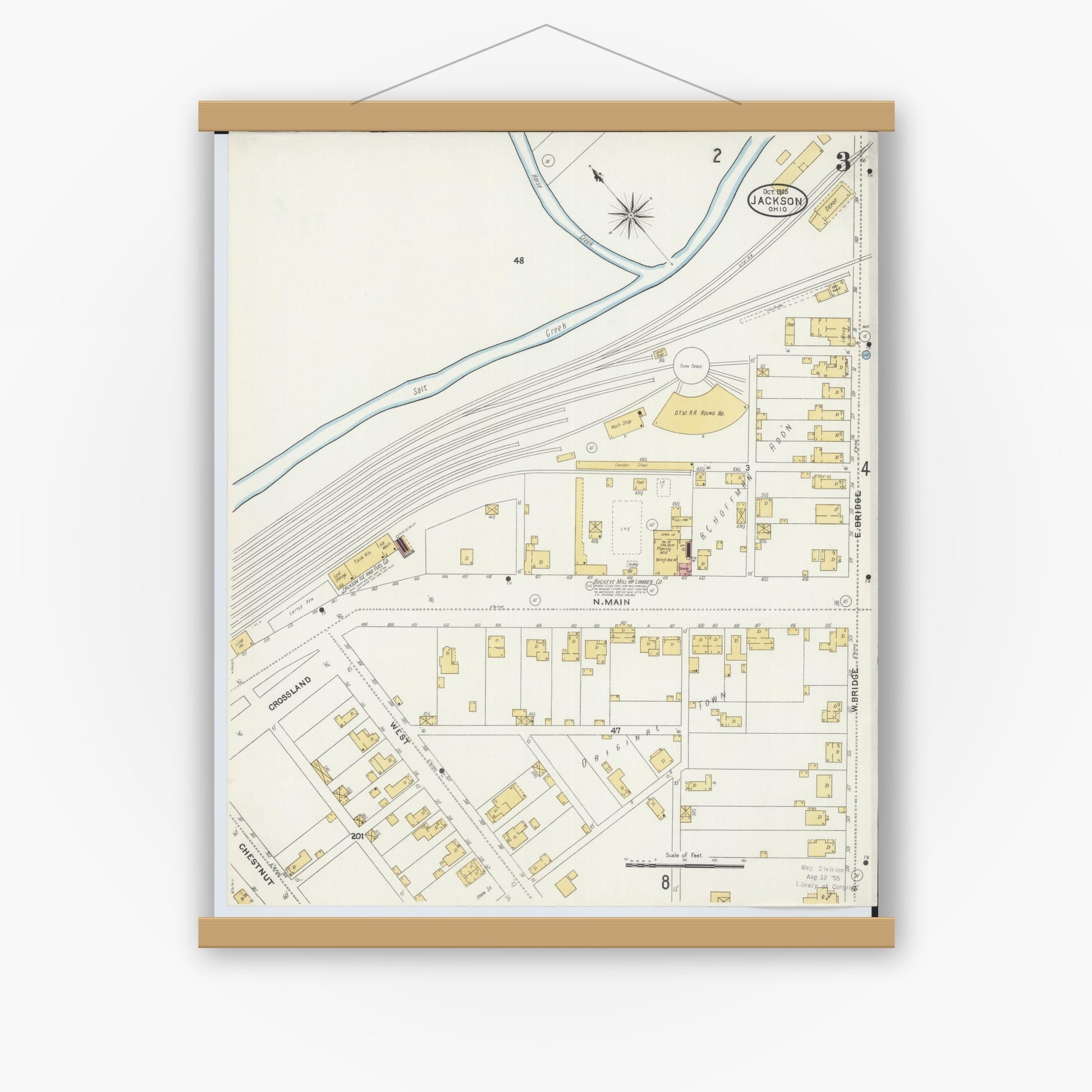 Old map wall art mockup — magnetic wood frame on white wall — Sanborn Fire Insurance Map from Jackson, Jackson County, Ohio (1905), Sheet #0003