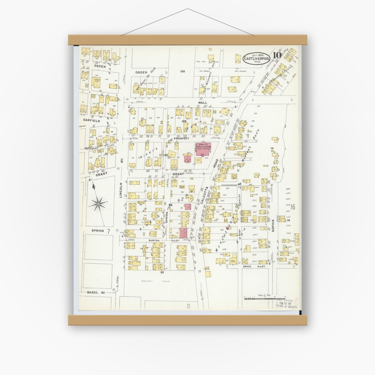 Old map wall art mockup — magnetic wood frame on white wall — Sanborn Fire Insurance Map from East Liverpool, Columbiana County, Ohio (1908), Sheet #0010