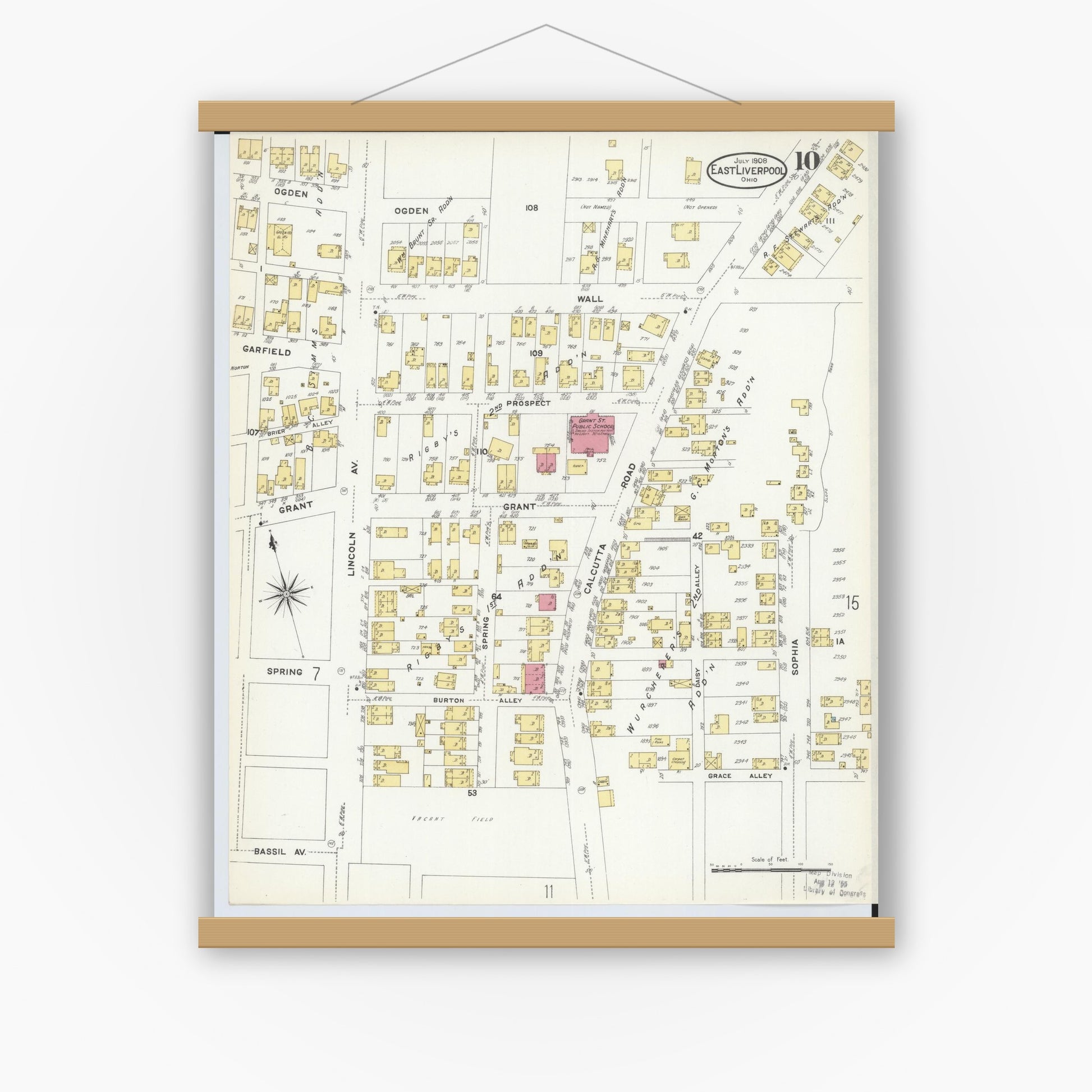 Old map wall art mockup — magnetic wood frame on white wall — Sanborn Fire Insurance Map from East Liverpool, Columbiana County, Ohio (1908), Sheet #0010